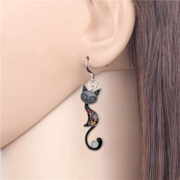 Enamel Multicolor Cat Dangle Earring Hypoallergenic Aesthetic Kitty Jewelry Gift - Picture 2 of 6
